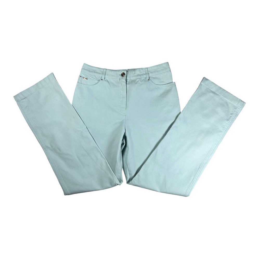 St John Sport Marie Gray Mint Green Straight Leg Pants Gold Hardware Size 8